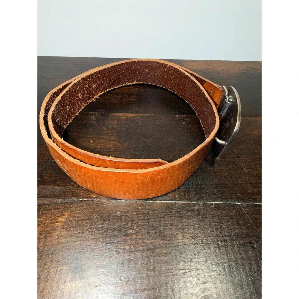 American Eagle Outfitters Mens Brown Leather Belt USR 1977 Shield Buckle Sz 32